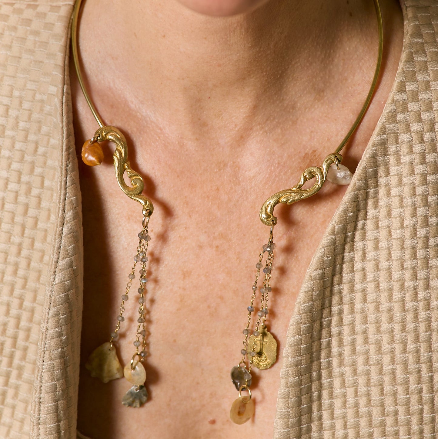 Open Collar Fragment Shell with Rosary and Labradorite Chain