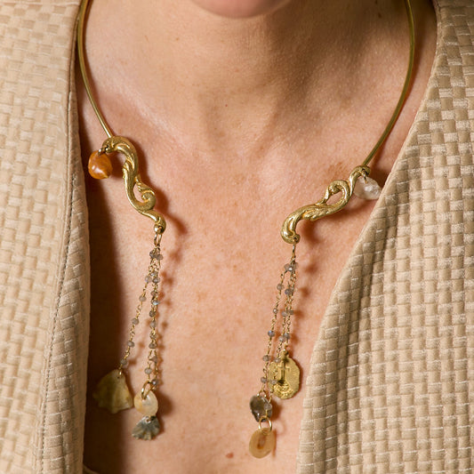 Open Collar Fragment Shell with Rosary and Labradorite Chain